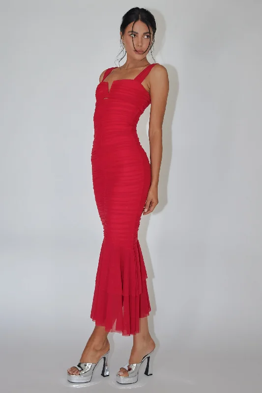 Nadia Ruched Fishtail Maxi Dress Red