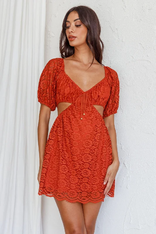 Feelin' Good Cut-Out Waist Lace Dress Rust