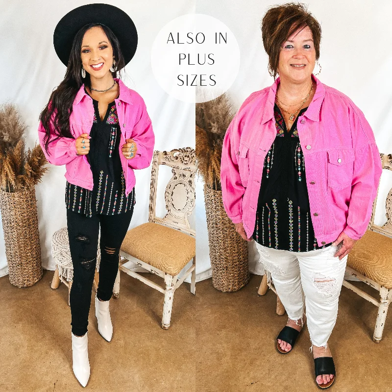 Very Confident Button Up Cropped Denim Jacket in Hot Pink