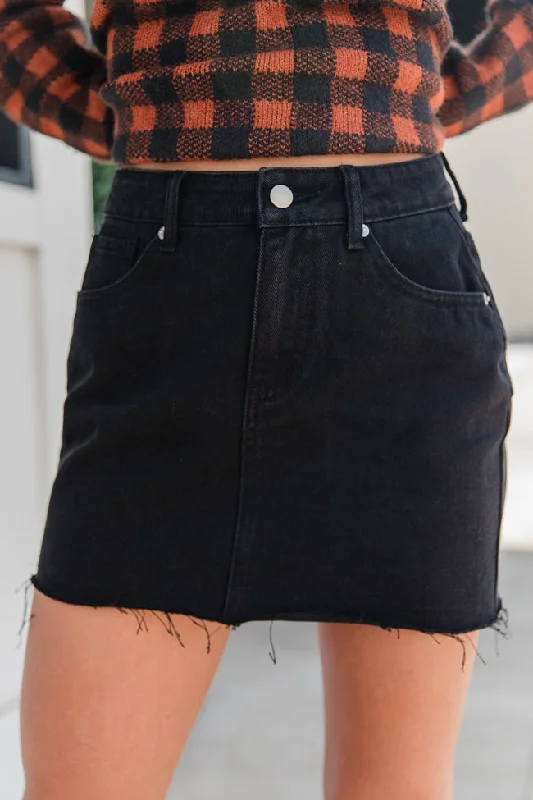 Point The Way Black Raw Hem Denim Skirt